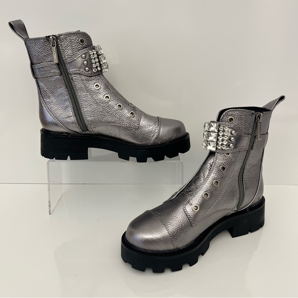 KARL LAGERFELD Maeva Embellished Buckled Leather Combat Boot In Silver - Picture 4 of 13